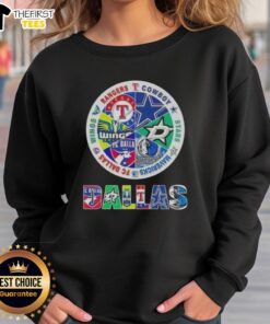 Alt Text: Top Dallas All Sports sweatshirt featuring logos of Rangers, Cowboys, Stars, Mavericks, FC Dallas, and Wings.