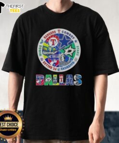 Alt Text: Top Dallas All Sports T-Shirt featuring logos of Rangers, Cowboys, Stars, Mavericks, FC Dallas, and Wings.