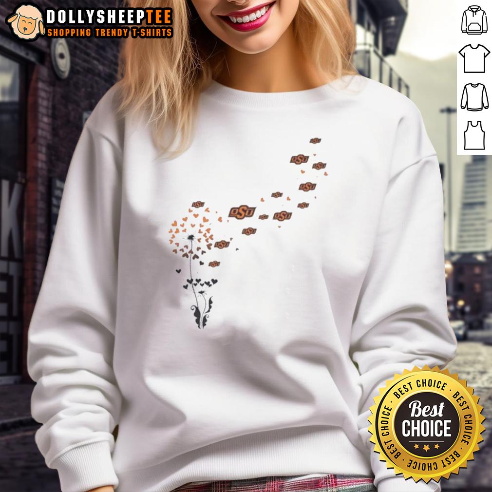 Top Dandelion Flower Oklahoma State University Football Logo Sweatshirt Alt Text: Top view of a dandelion flower with Oklahoma State University football logo on a cozy sweatshirt.