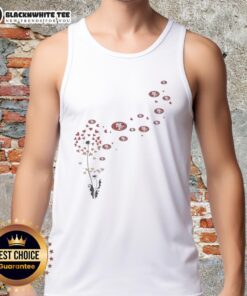 Alt Text: Stylish tank top featuring a dandelion flower design and the San Francisco 49ers football logo, perfect for fans.