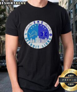 Top Detroit Lions Heartbeat EMS City Skyline T-Shirt featuring a vibrant skyline and heart design, perfect for fans.
