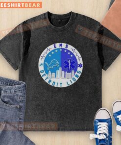 Top Detroit Lions Heartbeat EMS City Skyline Washed T-Shirt featuring a vibrant design celebrating Detroit's spirit.