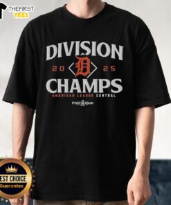 Alt Text: Top Detroit Tigers 2025 AL Central Division Champions T-Shirt featuring team logo and celebratory design.