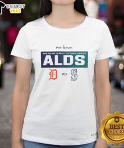 Detroit Tigers vs Seattle Mariners 2025 ALDS matchup ladies tee showcasing team logos and vibrant colors.