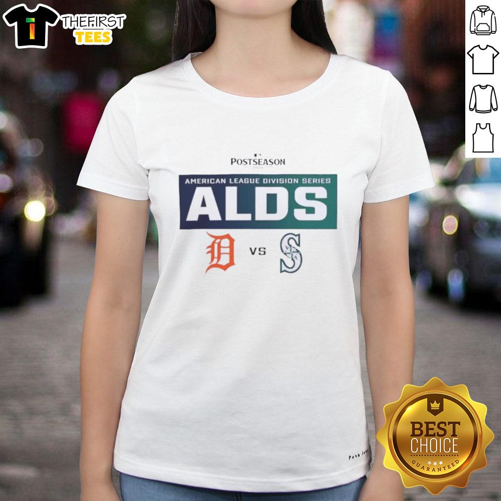 top-detroit-tigers-vs-seattle-mariners-2025-postseason-mlb-alds-matchup-ladies-tee Detroit Tigers vs Seattle Mariners 2025 ALDS matchup ladies tee showcasing team logos and vibrant colors.