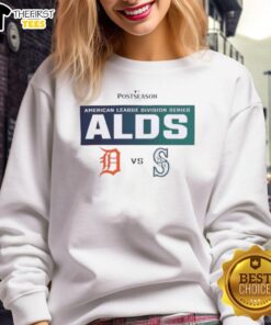 Alt Text: Top Detroit Tigers vs Seattle Mariners 2025 Postseason MLB ALDS Matchup sweatshirt showcasing team logos and vibrant colors.