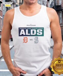 Top Detroit Tigers vs Seattle Mariners 2025 Postseason ALDS Matchup tank top showcasing vibrant team logos and colors.