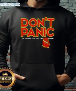 Cozy Top Don't Panic and Remember Your Towel Hoodie in vibrant colors, perfect for fans of The Hitchhiker's Guide to the Galaxy.