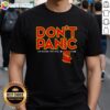 Alt Text: Top Don't Panic And Remember Your Towel T-Shirt featuring a fun, colorful design for fans of Hitchhiker's Guide to the Galaxy.
