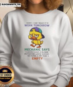 Funny mechanic sweatshirt featuring 'Sorry I Can't Make It to Work Tomorrow, I Have a Blown Motivator' design.