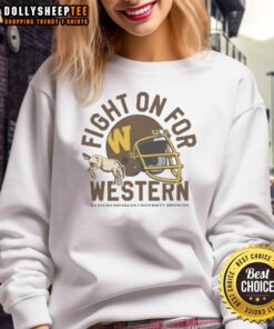 1980s Western Michigan Broncos football helmet sweatshirt showcasing vibrant team colors and classic design.