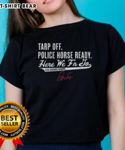 George Springer celebrating with Toronto Blue Jays 2025 Division Champs tee and police horse at tarp-off event.