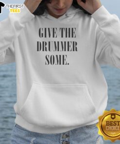 Stylish Top Give The Drummer Some Hoodie in black, showcasing a vibrant graphic design perfect for music lovers.