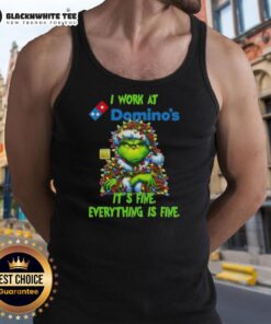 Top Grinch Christmas Tree tank top design featuring 'I work at it's fine, everything is fine' text for festive apparel.