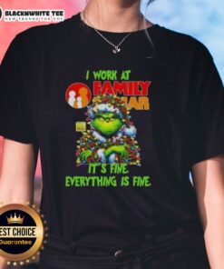 Top Grinch Christmas Tree X Family Dollar shirt for women, featuring a fun design that says 'It's Fine, Everything is Fine'.