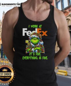 Top Grinch Christmas Tree tank top featuring 'I Work At It's Fine, Everything Is Fine' design for festive holiday spirit.