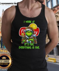 Top Grinch Christmas Tree tank top featuring 'I Work At It's Fine, Everything Is Fine' design for festive holiday style.