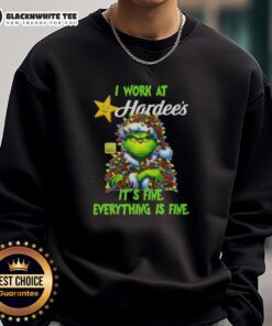 Cozy Top Grinch Christmas Tree sweatshirt from Hardee's, featuring 'I Work At It's Fine Everything Is Fine' design.
