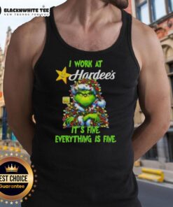 Alt Text: Top Grinch Christmas Tree tank top featuring 'I Work At It's Fine, Everything Is Fine' design for holiday cheer.