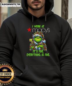 Cozy Top Grinch Christmas Tree hoodie from Macy's, featuring 'I Work At Its Fine, Everything Is Fine' design for holiday spirit.