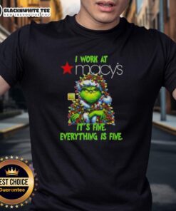 Top Grinch Christmas Tree X Macy's T-Shirt featuring 'I Work At It's Fine Everything Is Fine' design, perfect for holiday cheer.