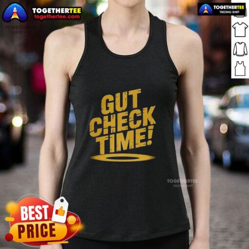 Alt Text: Woman wearing a Top Gut Check Time tank top, showcasing fitness style and motivation for workouts.