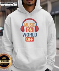 Stylish hoodie with 'Top Headphone Music On World Off' design, perfect for music lovers and cozy casual wear.