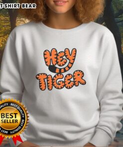 Alt Text: Top Hey Tiger bubble letter sweatshirt in vibrant colors, perfect for casual wear and trendy street style.