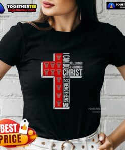 Alt Text: Texas Tech Red Raiders football cross ladies tee with 'I Can Do All Things Through Christ Who Strengthens Me' design.
