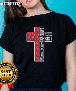 USC Trojans football tee featuring 'I Can Do All Things Through Christ Who Strengthens Me' for ladies.