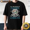 Top I May Live In California But On Game Day My Heart And Soul Belongs To Philadelphia Eagles T-Shirt in green and white.