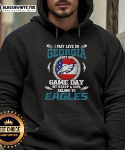 Philadelphia Eagles hoodie with 'I may live in Georgia but my heart belongs to the Eagles' on display.