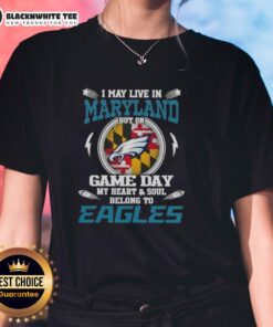 Maryland ladies tee featuring 'On Game Day, My Heart Belongs to Philadelphia Eagles' design for proud fans.