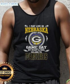Green Bay Packers tank top with 'I May Live In Nebraska' slogan, perfect for game day fans supporting their team.