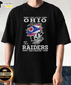 Top I May Live In Ohio But I'M A Raiders Fan Forever T-Shirt, showcasing team pride with a stylish design for Raiders fans.