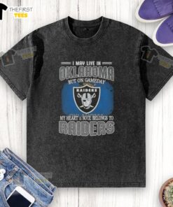 Alt Text: Washed t-shirt for Raiders fans: 'I may live in Oklahoma, but on game day my heart belongs to Raiders' design