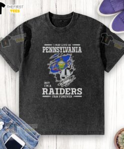 Alt Text: Raiders fan wearing a washed t-shirt that says 'I may live in Pennsylvania, but I'm a Raiders fan forever.'