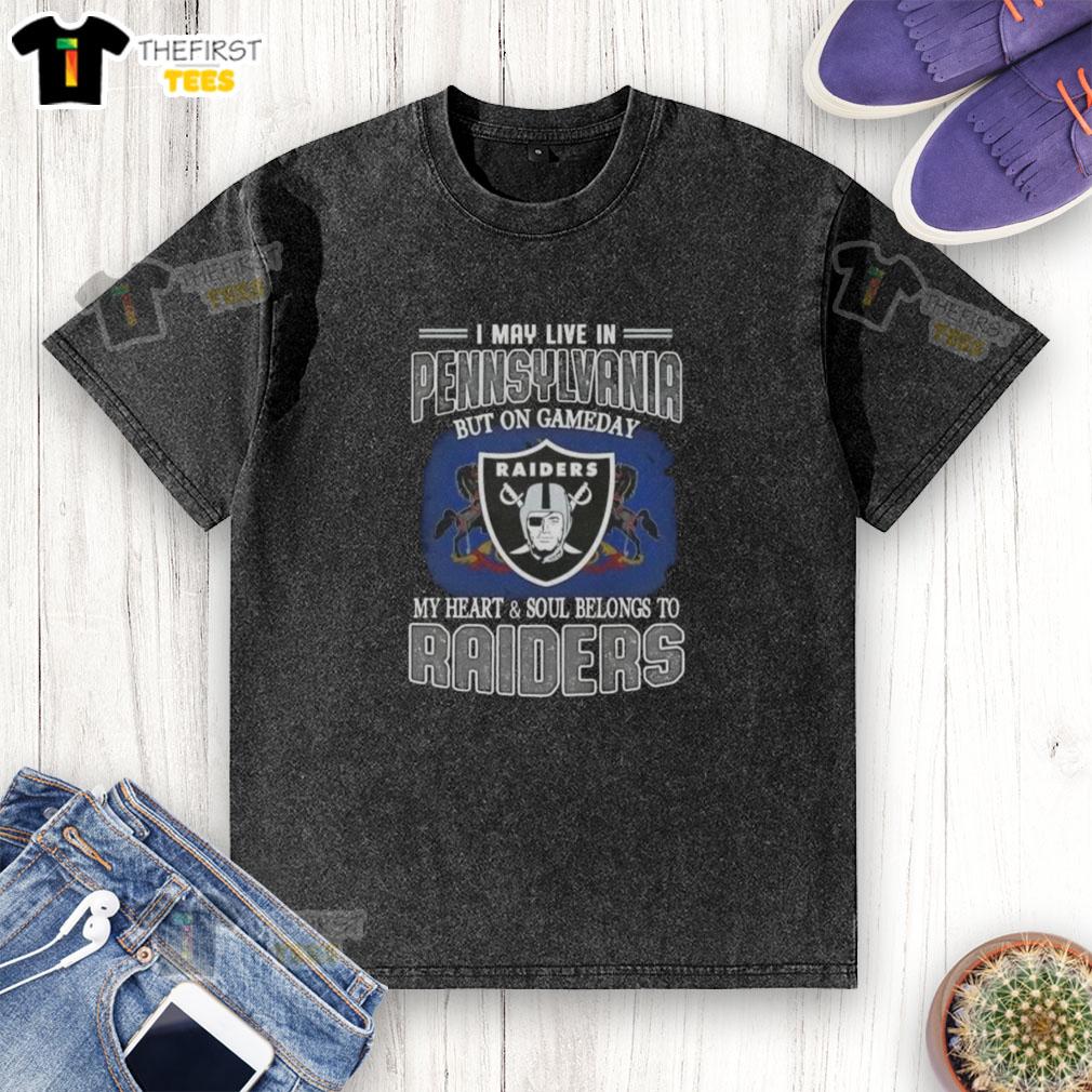 top-i-may-live-in-pennsylvania-but-on-gameday-my-heart-and-soul-belongs-to-raiders-washed-t-shirt Alt Text: Raiders washed t-shirt with 'My heart and soul belongs to Raiders' design, perfect for game day in Pennsylvania.