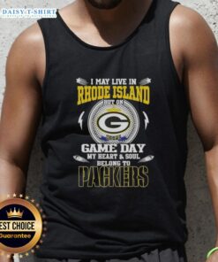 Green Bay Packers tank top with 'I May Live In Rhode Island' slogan, perfect for game day fans showing team spirit.
