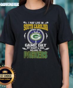 Green Bay Packers ladies tee featuring 'I May Live In South Carolina' text, perfect for game day attire.