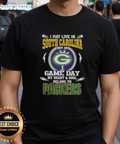 Alt Text: Green Bay Packers T-shirt with I May Live In South Carolina But My Heart Belongs To Green Bay slogan.