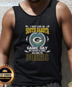 Green Bay Packers tank top with 'I May Live In South Dakota' design, perfect for game day fans showcasing team spirit.