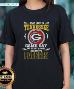 Green Bay Packers ladies tee shirt with 'I may live in Tennessee but my heart belongs to the Packers' slogan.