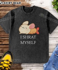 Cartoon-style washed t-shirt featuring a playful design of a character saying 'Top I Shrat Myself' for casual wear.