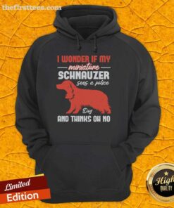 Miniature Schnauzer dog wearing a hoodie, looking curious with the text 'I wonder if my dog thinks oh no' on it.