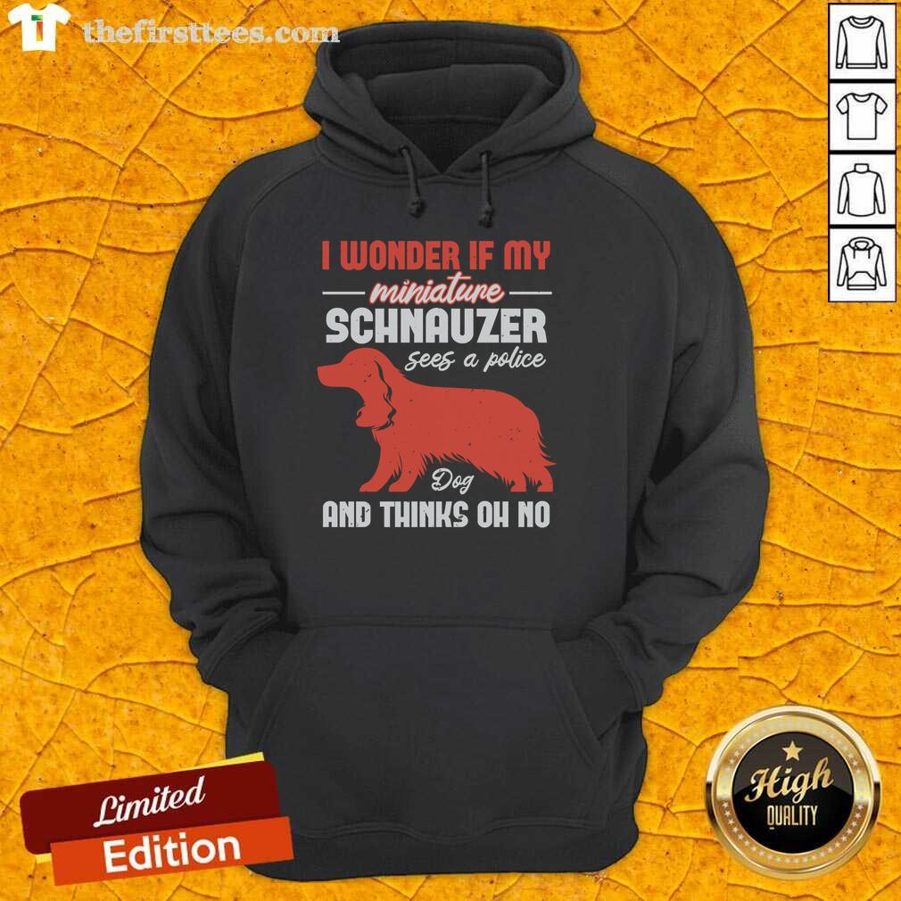 top-i-wonder-if-my-miniature-schnauzer-dog-and-thinks-oh-no-hoodie Miniature Schnauzer dog wearing a hoodie, looking curious with the text 'I wonder if my dog thinks oh no' on it.