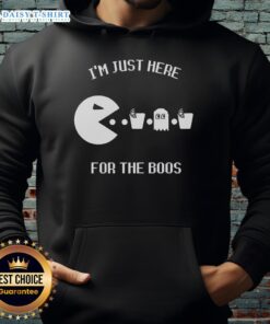 Cozy 'Just Here for the Boos' hoodie, perfect for Halloween and fall fashion, featuring a playful ghost graphic.