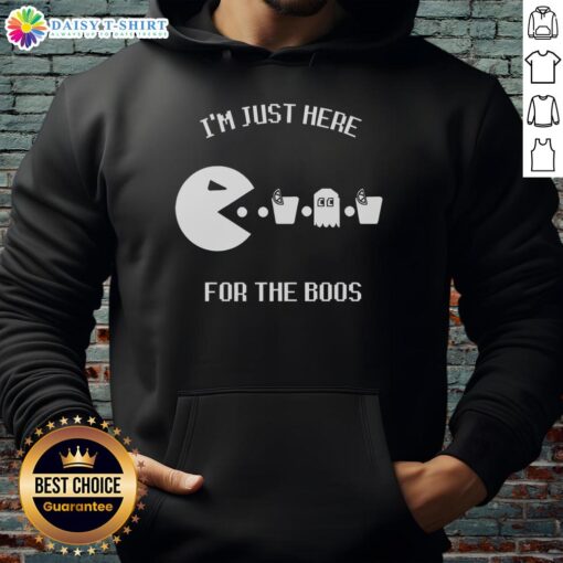 Cozy 'Just Here for the Boos' hoodie, perfect for Halloween and fall fashion, featuring a playful ghost graphic.
