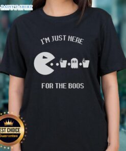 Top Im Just Here For The Boos Ladies Tee - Fun Halloween shirt featuring playful ghost graphics and festive text.