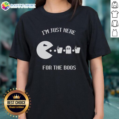 Top Im Just Here For The Boos Ladies Tee - Fun Halloween shirt featuring playful ghost graphics and festive text.